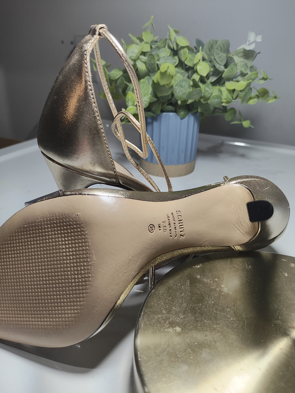 SCHUTZ Metallic Gold Strappy High Heels